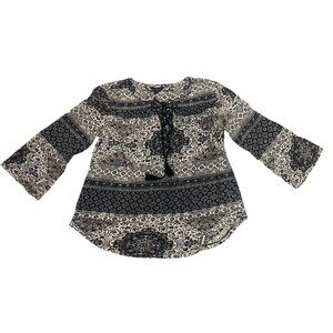 LUCKY BRAND Women Blouse Sz L Black Tassel Tie 3/4 Bell Sleeve Boho Casual 72-13